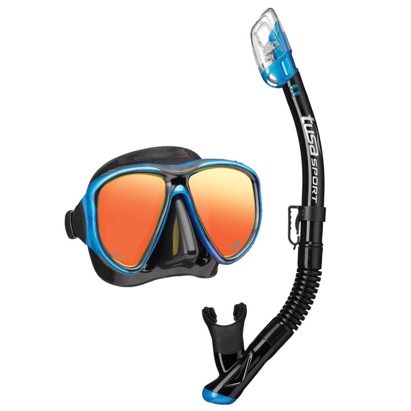 TUSA Sport Adult Powerview Mask and Dry Snorkel Combo, Black/Fishtail Blue Mirrored Lens (UC-2425PMQB-FBB) - Image 1